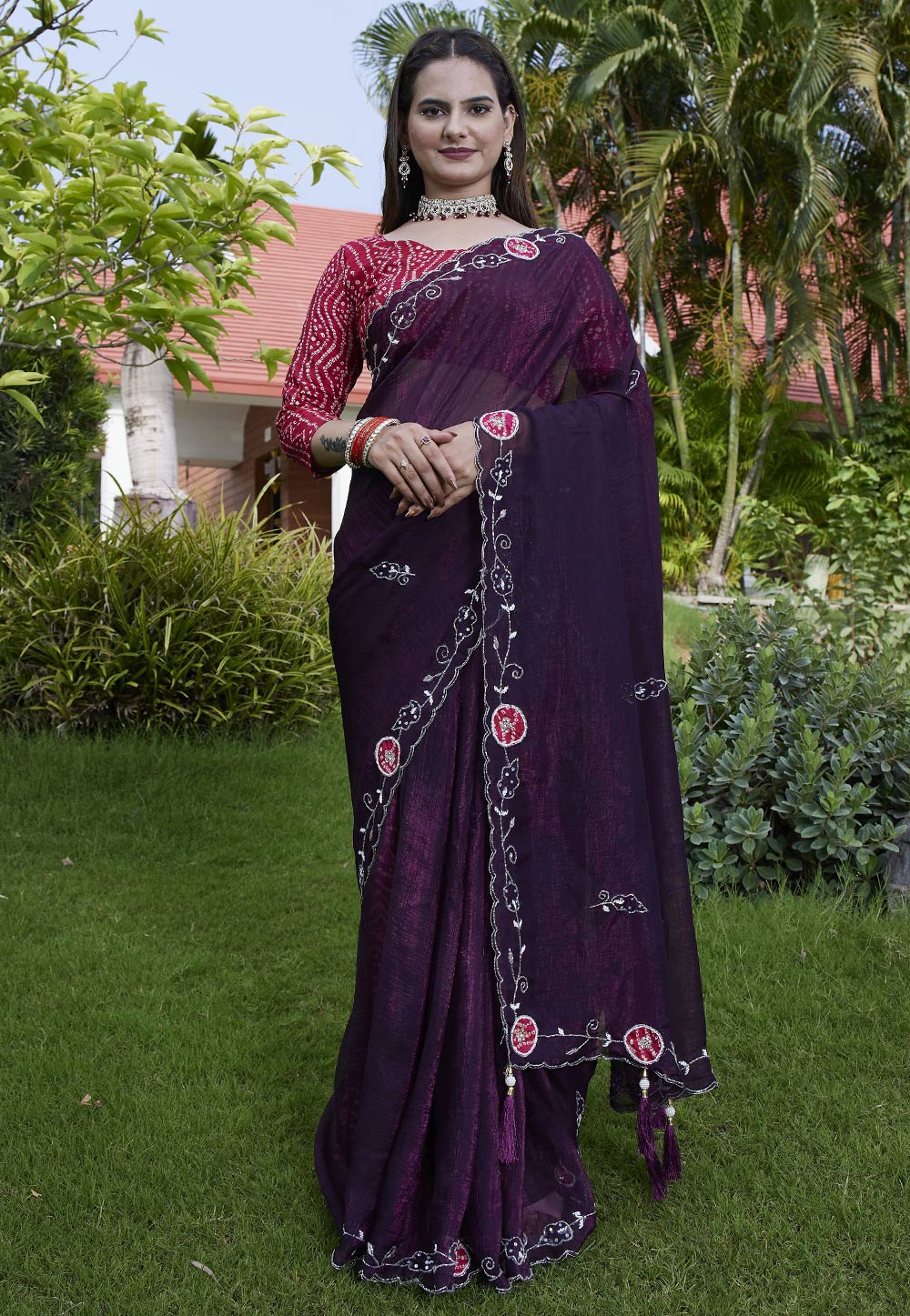 Wine Chiffon Saree With Blouse 311485