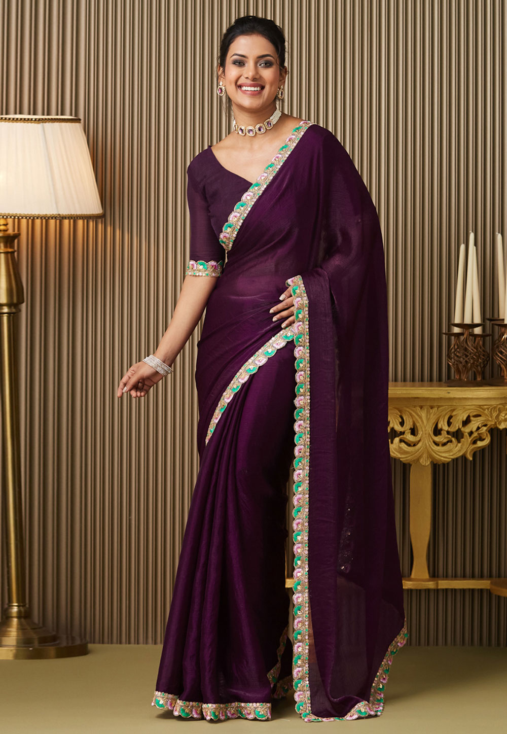 Wine Chiffon Saree With Blouse 311902