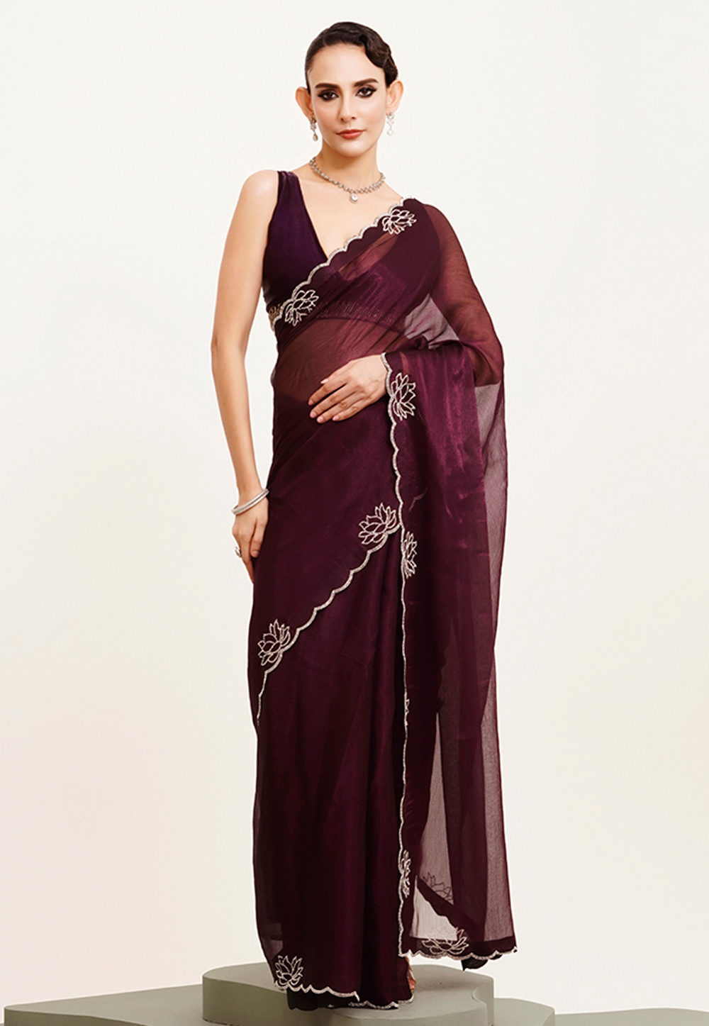 Wine Chiffon Saree With Blouse 312109