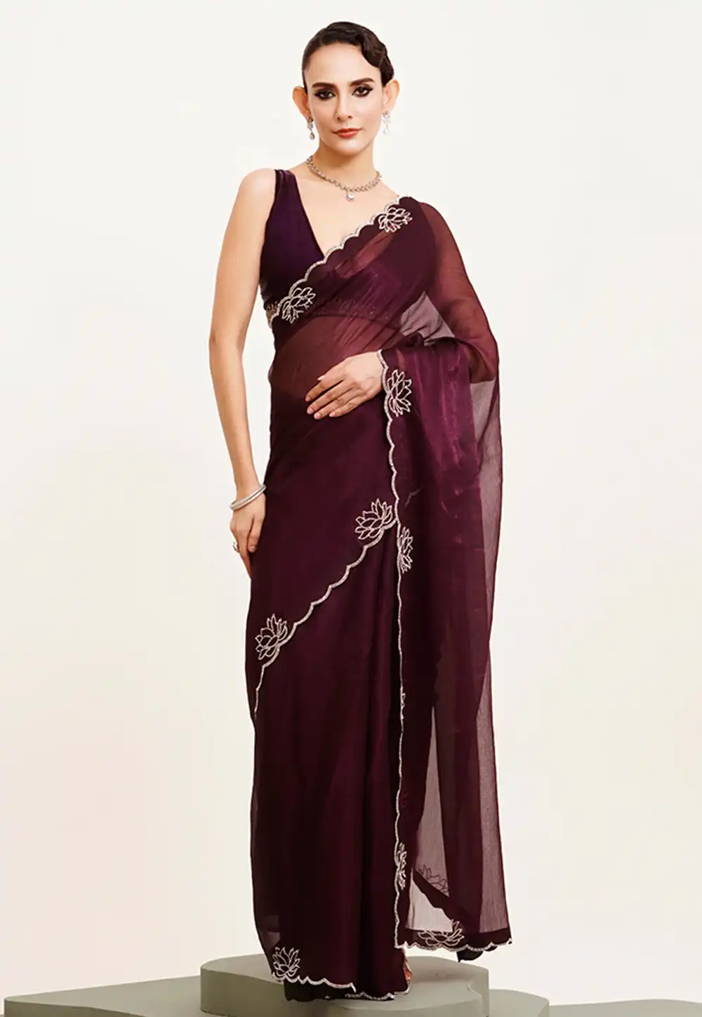 Wine Chiffon Saree With Blouse 312109