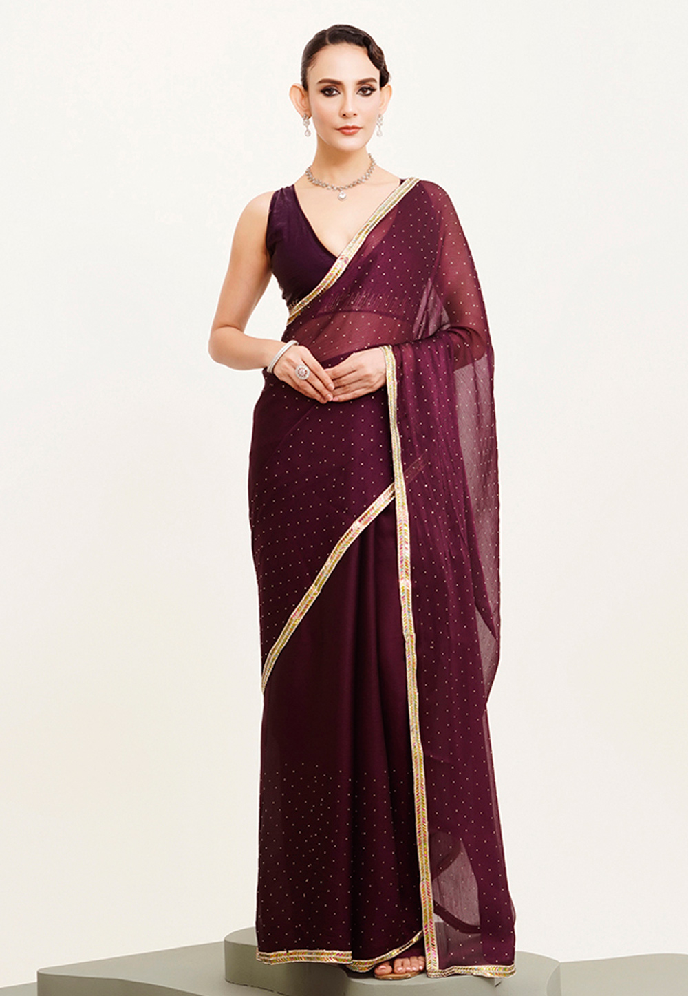 Wine Chiffon Saree With Blouse 312111