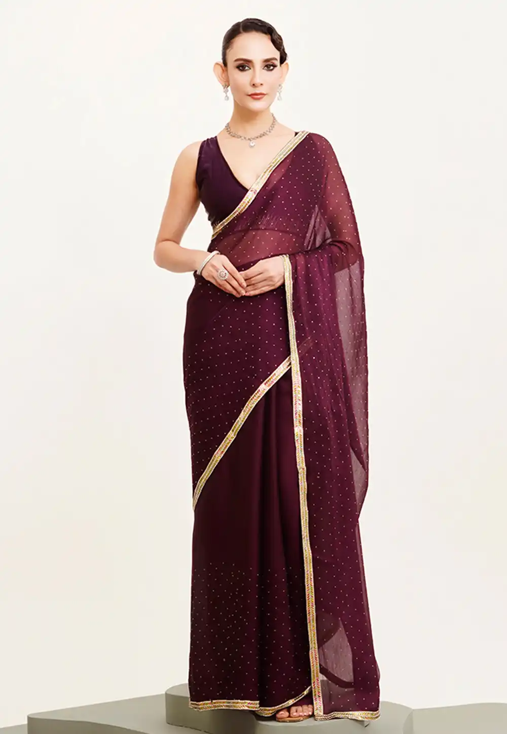 Wine Chiffon Saree With Blouse 312111