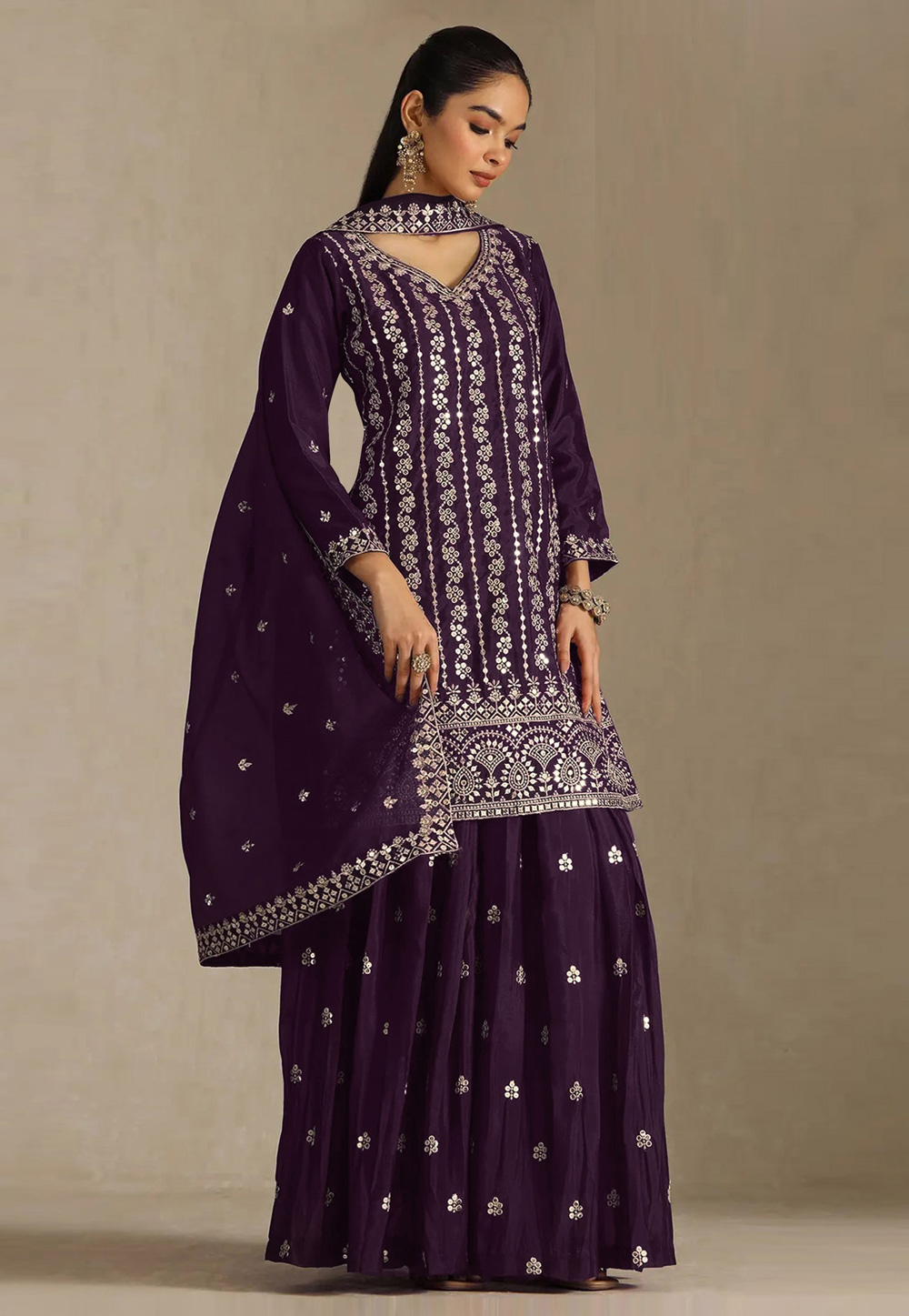 Wine Chinon Embroidered Palazzo Suit 330373