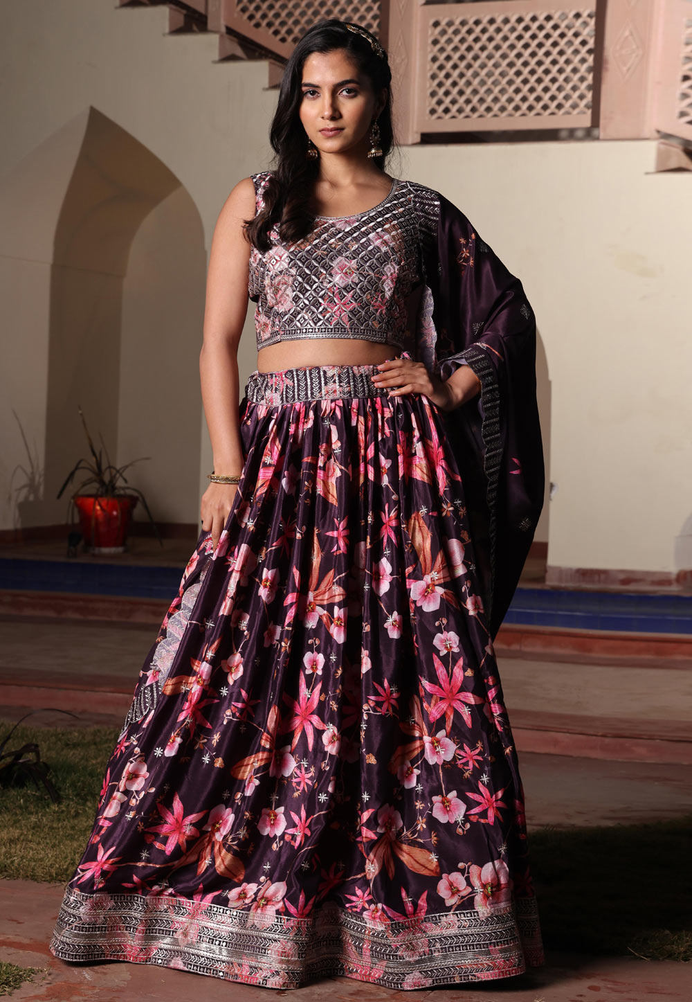 Wine Chinon Floral Lehenga choli 318846
