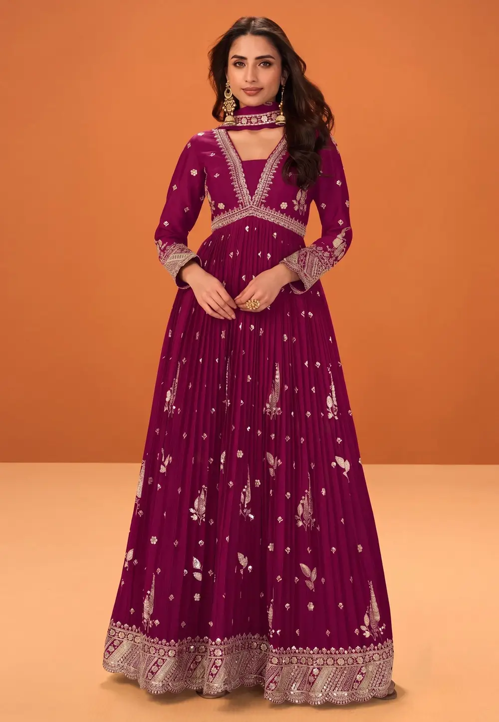 Wine Chinon Readymade Anarkali Suit 334730