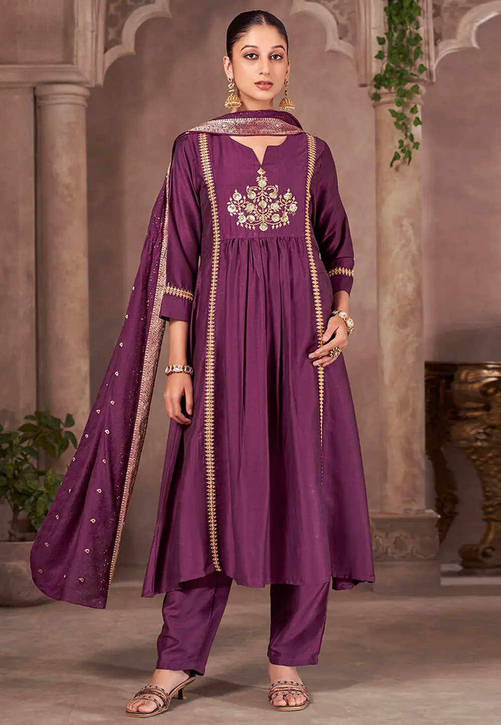 Wine Chinon Readymade Anarkali Suit 334204