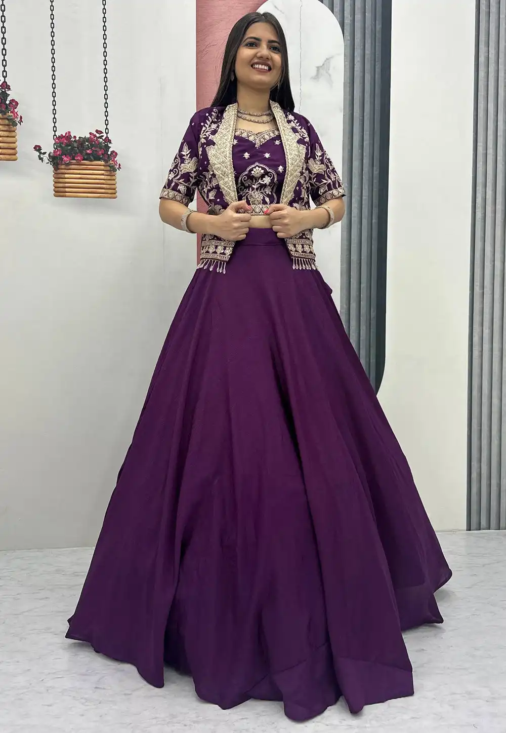 Wine Chinon Readymade Jacket Style Lehenga Choli 325982