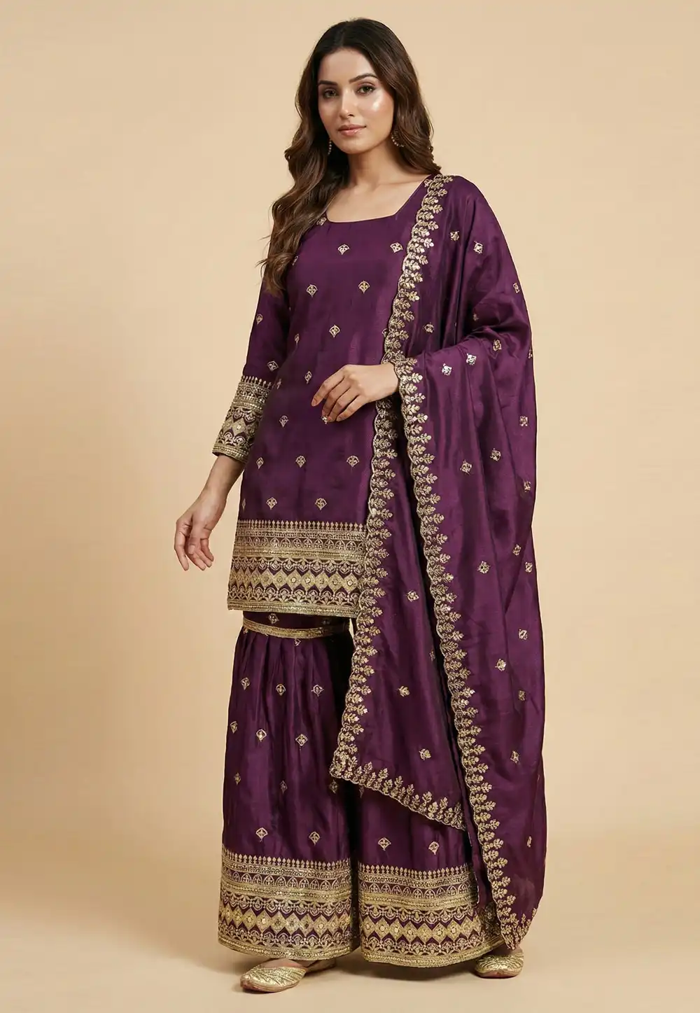 Wine Chinon Readymade Sharara Suit 323795