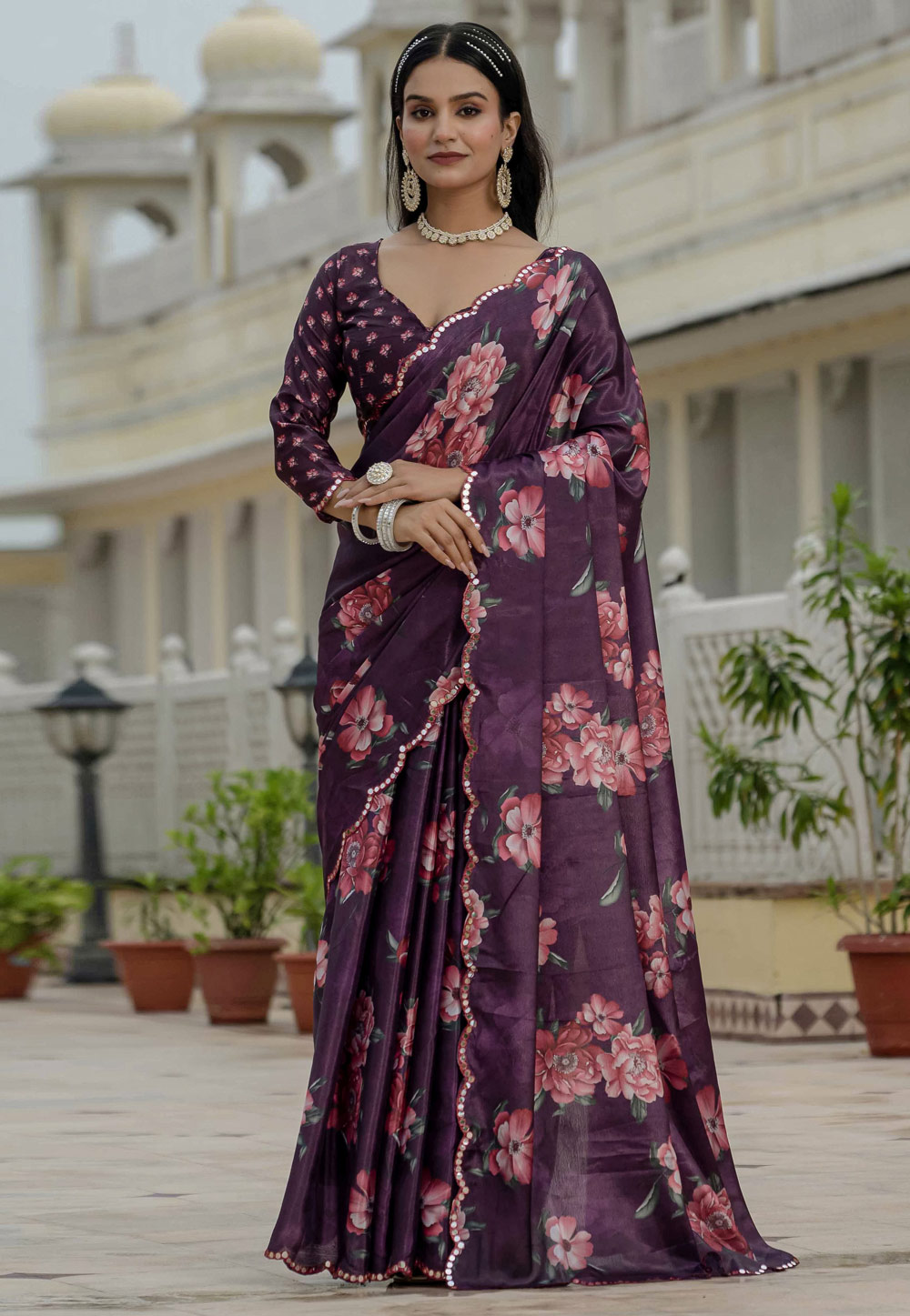 Wine Chinon Saree With Blouse 318176