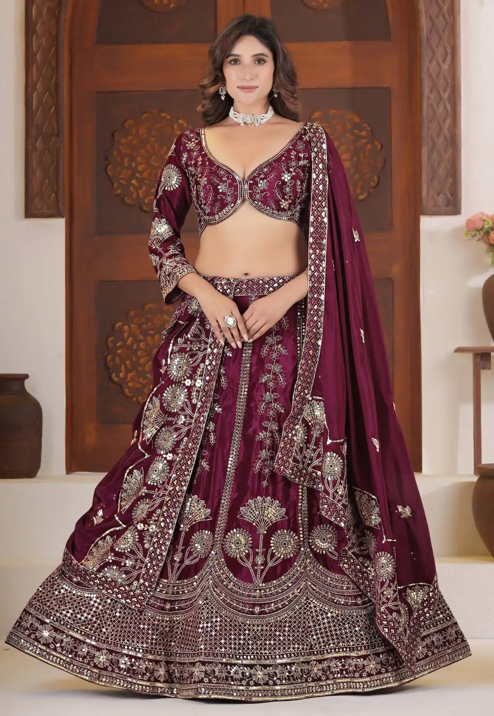 Wine Chinon Silk Circular Lehenga Choli 317545