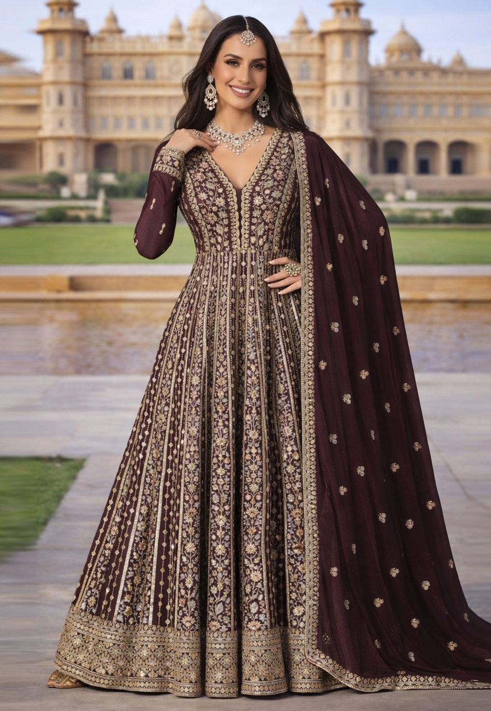Wine Chinon Silk Embroidered Floor Length Anarkali Suit 323650