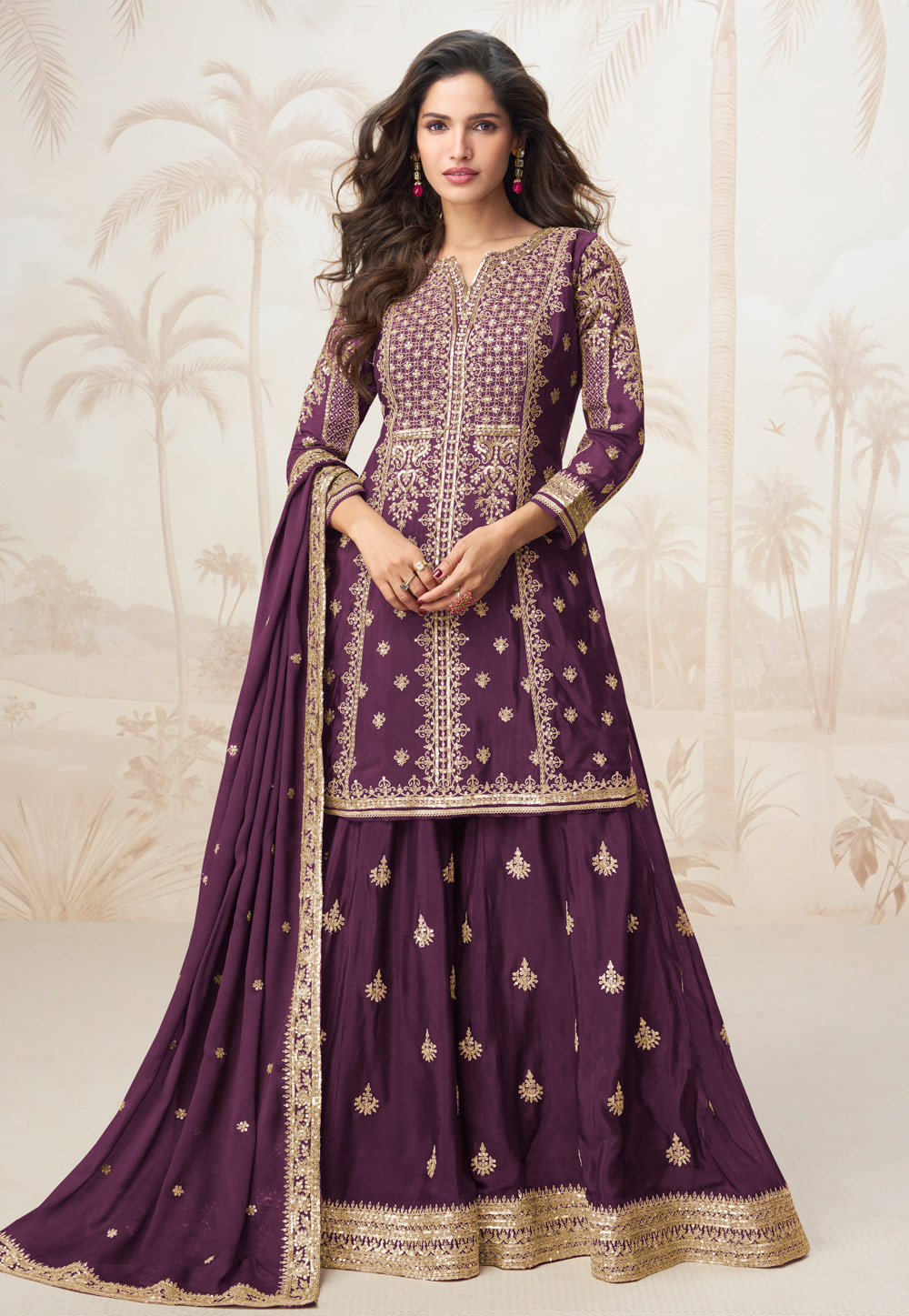 Wine Chinon Silk Indo Western Lehenga Choli 313473