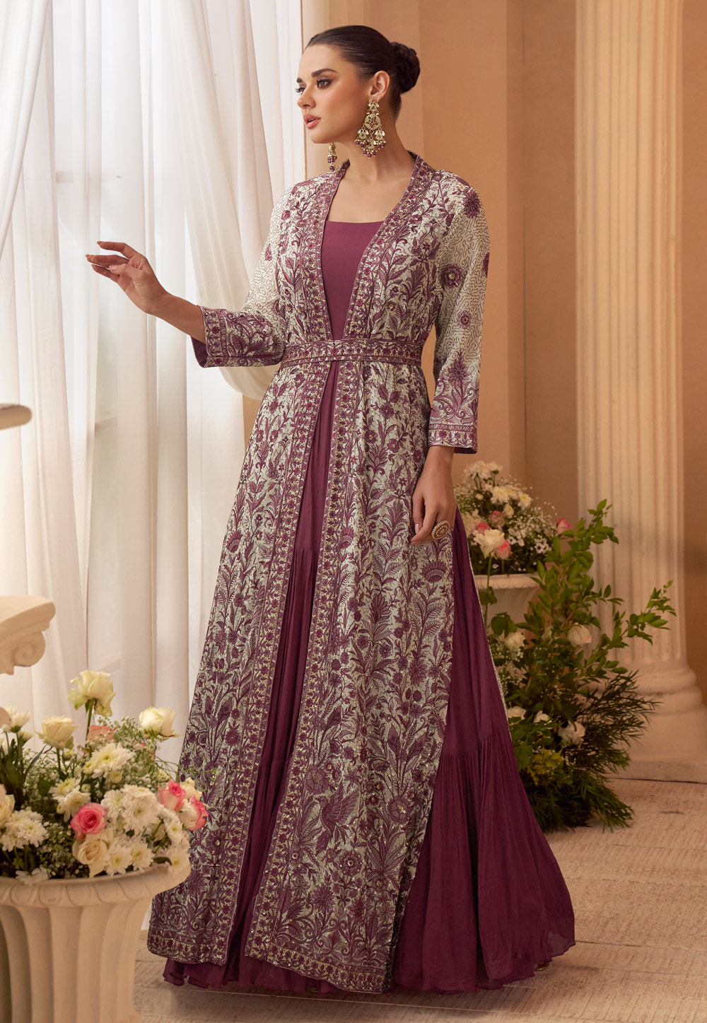 Wine Chinon Silk Long Anarkali Suit 319110
