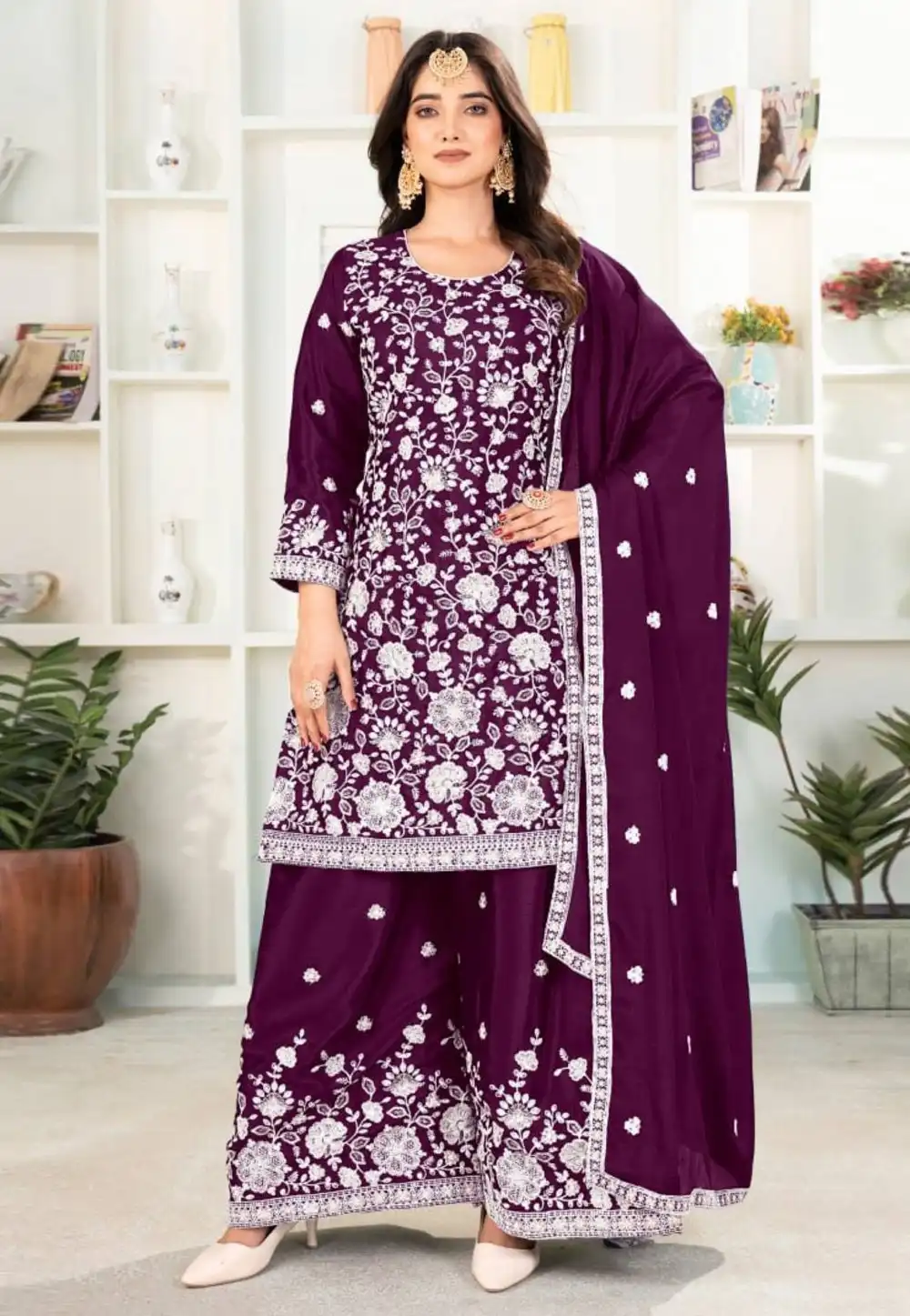 Wine Chinon Silk Readymade Pakistani Suit 320366