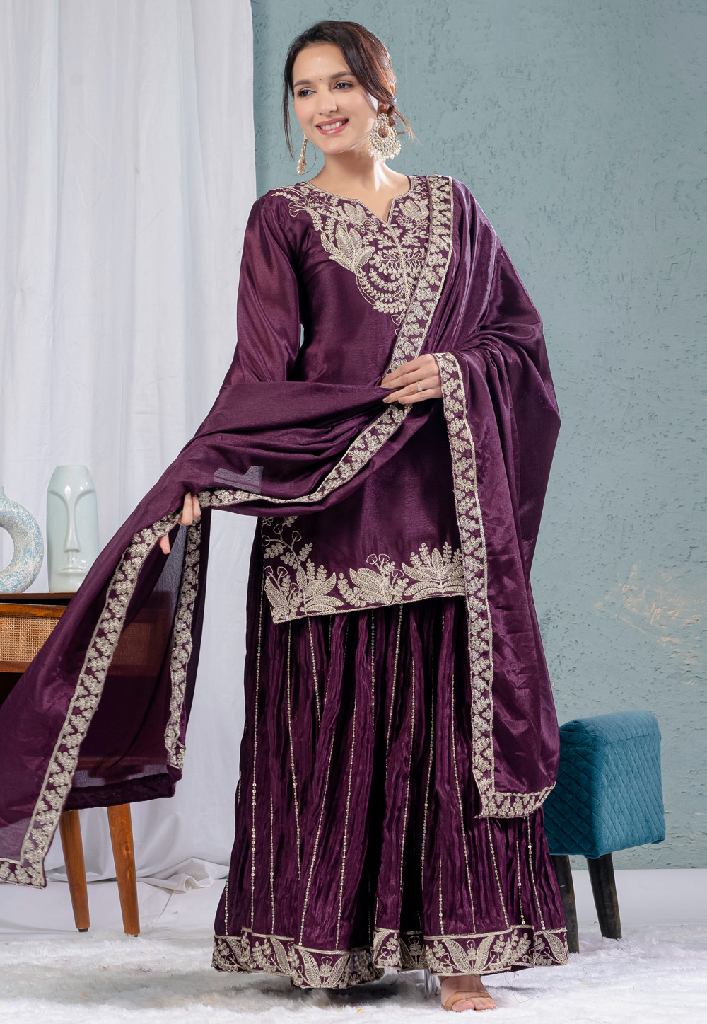 Wine Chinon Silk Readymade Pakistani Suit 311830