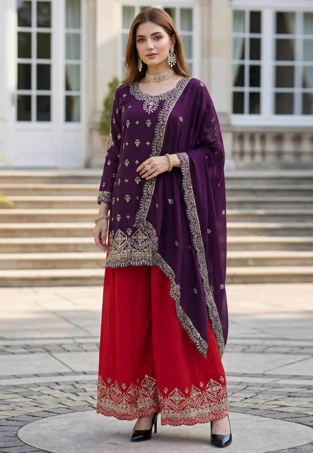 Wine Chinon Silk Readymade Pakistani Suit 322993