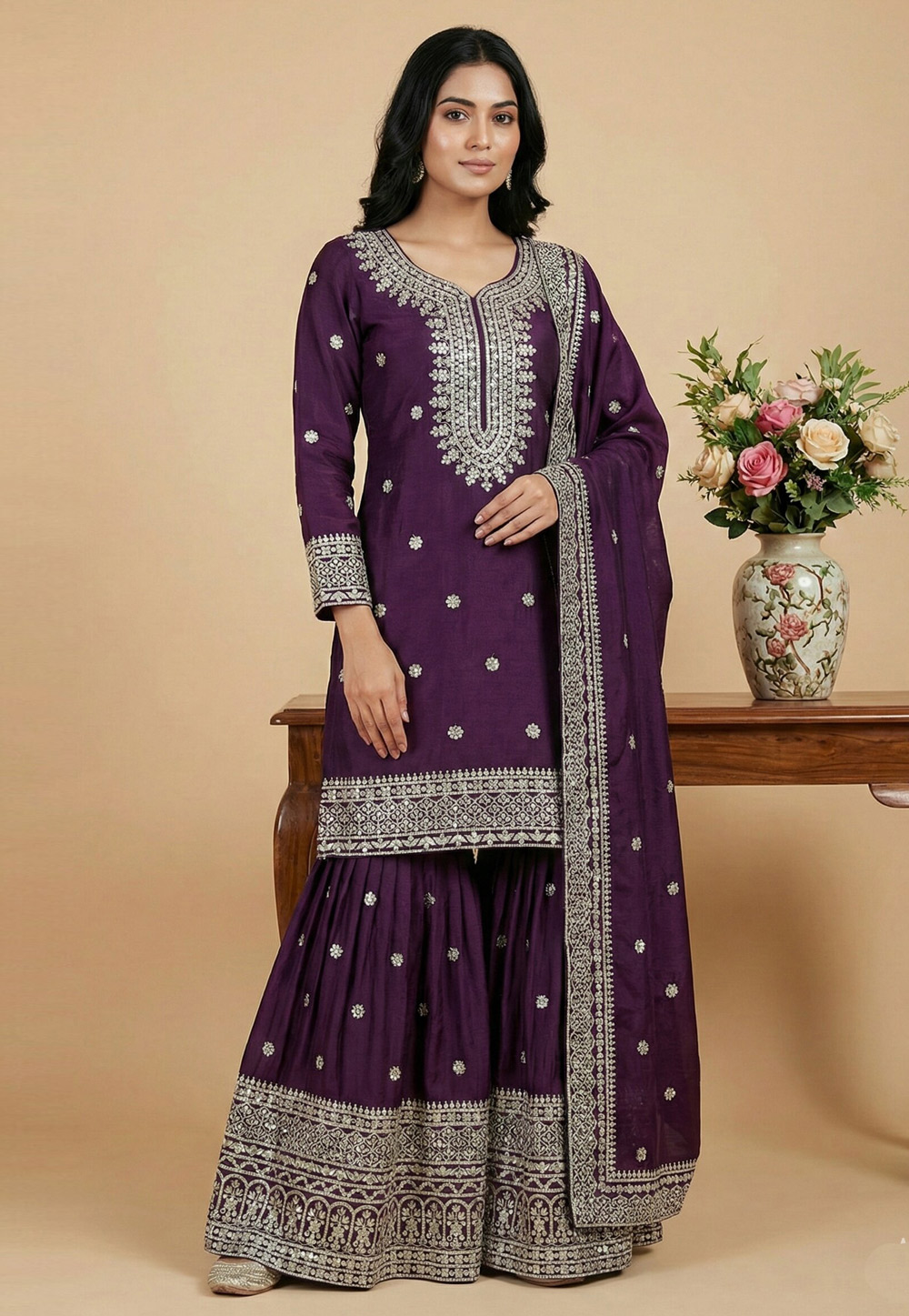 Wine Chinon Silk Readymade Sharara Suit 324780