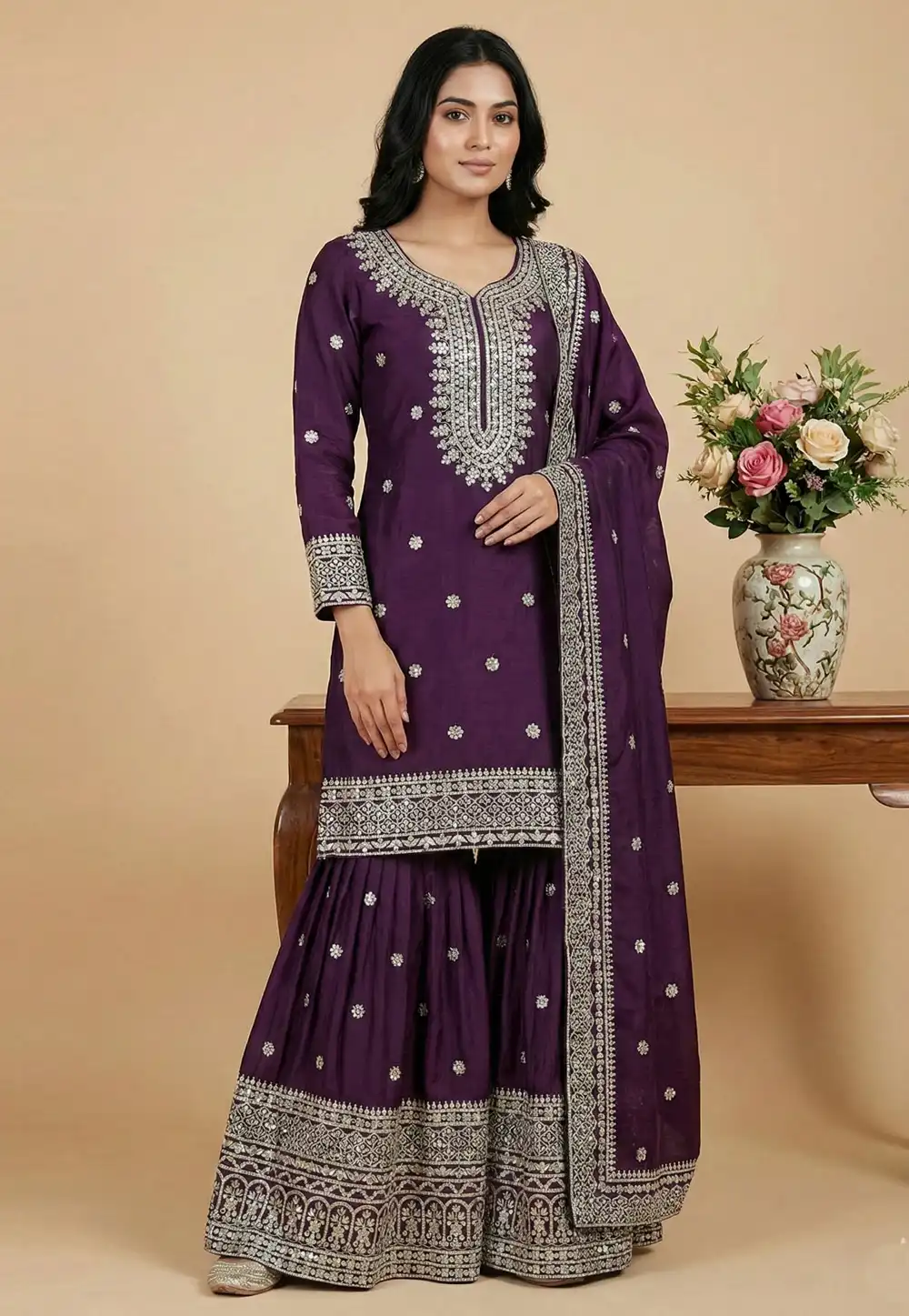 Wine Chinon Silk Readymade Sharara Suit 324780