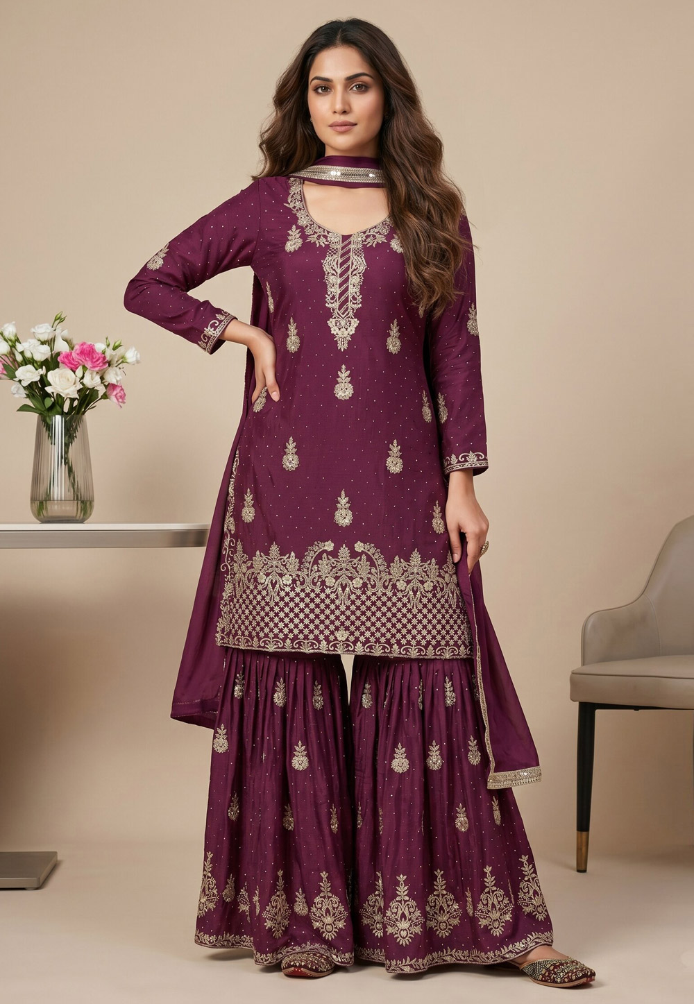 Wine Chinon Silk Readymade Sharara Suit 330345