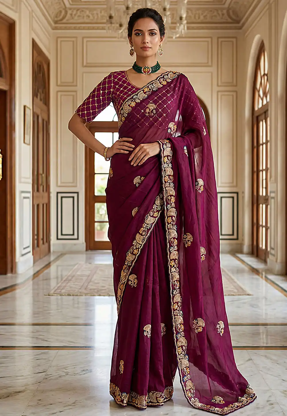 Wine Chinon Silk Saree With Blouse 327661