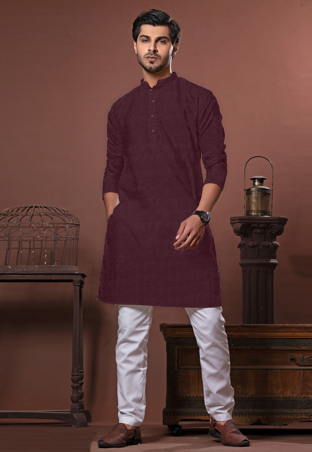Wine Cotton Kurta Pajama 312240