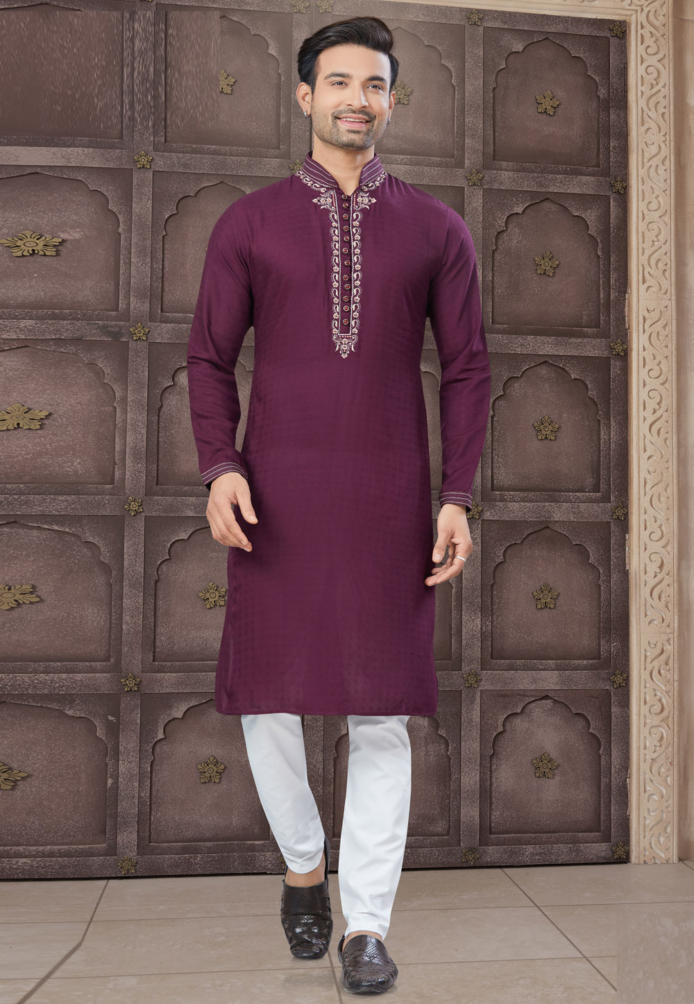 Wine Cotton Kurta Pajama 307391