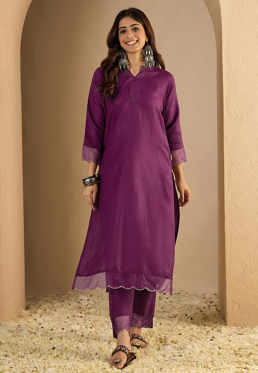 Wine Cotton Kurta Set With Pant 325297