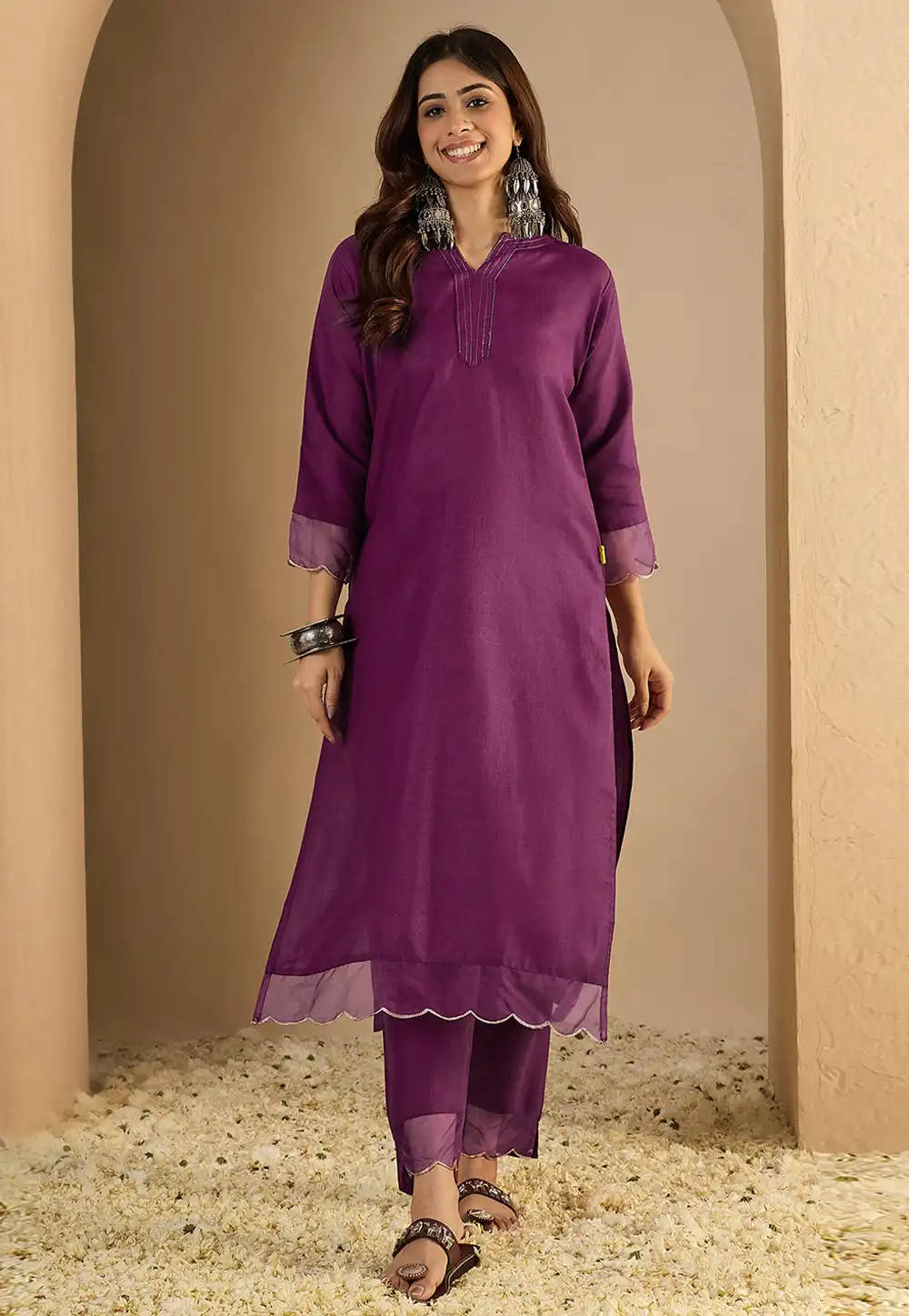Wine Cotton Kurta Set With Pant 325297