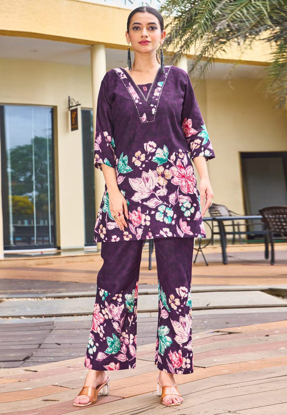 Wine Cotton Printed Co-Ords Set 320026