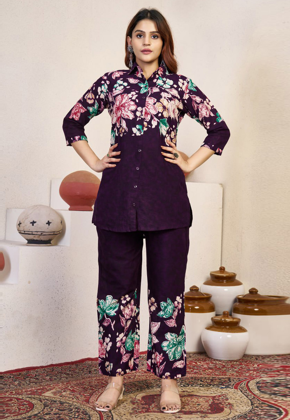 Wine Cotton Printed Co-Ords Set 320032