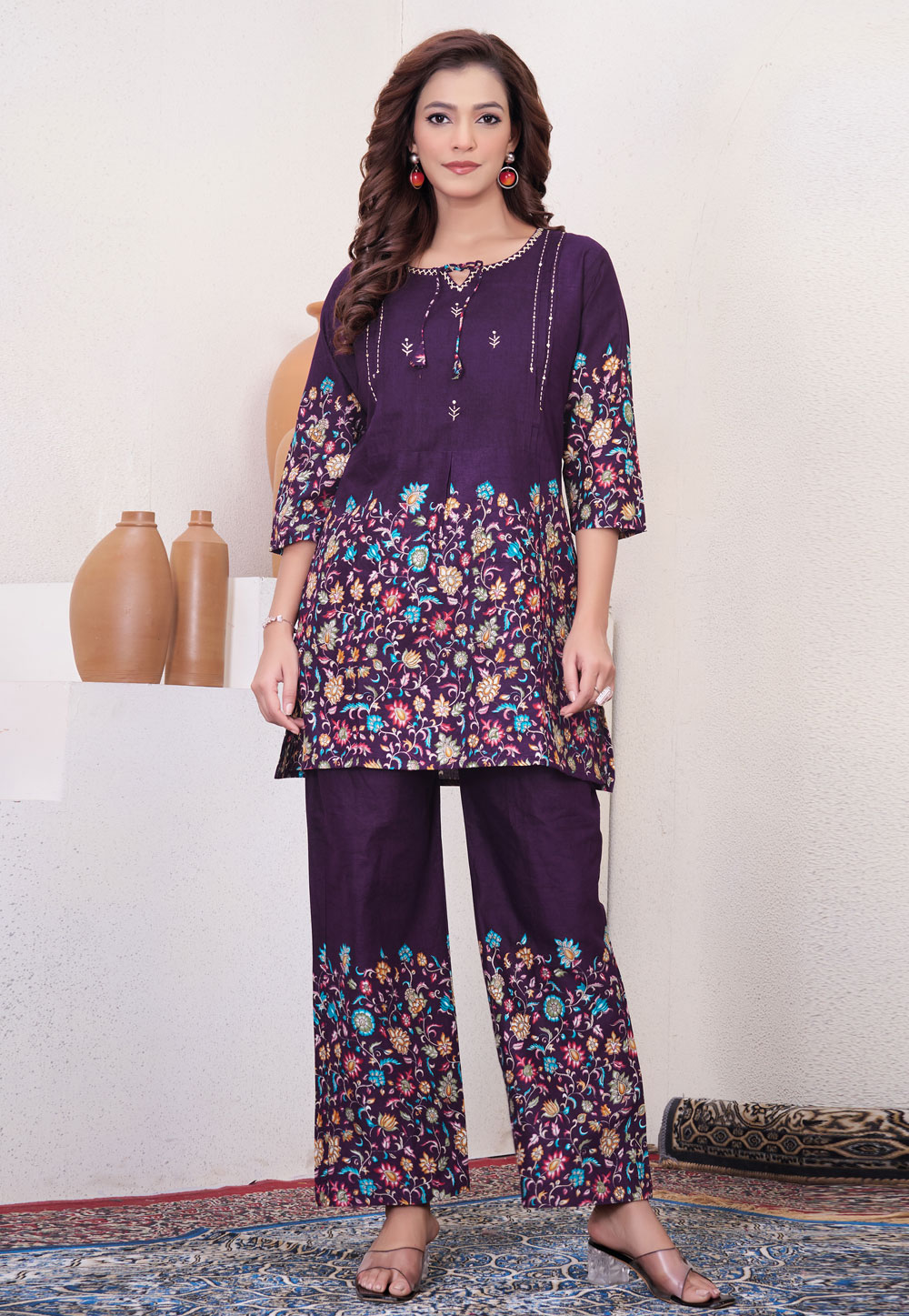 Wine Cotton Printed Co-Ords Set 321425