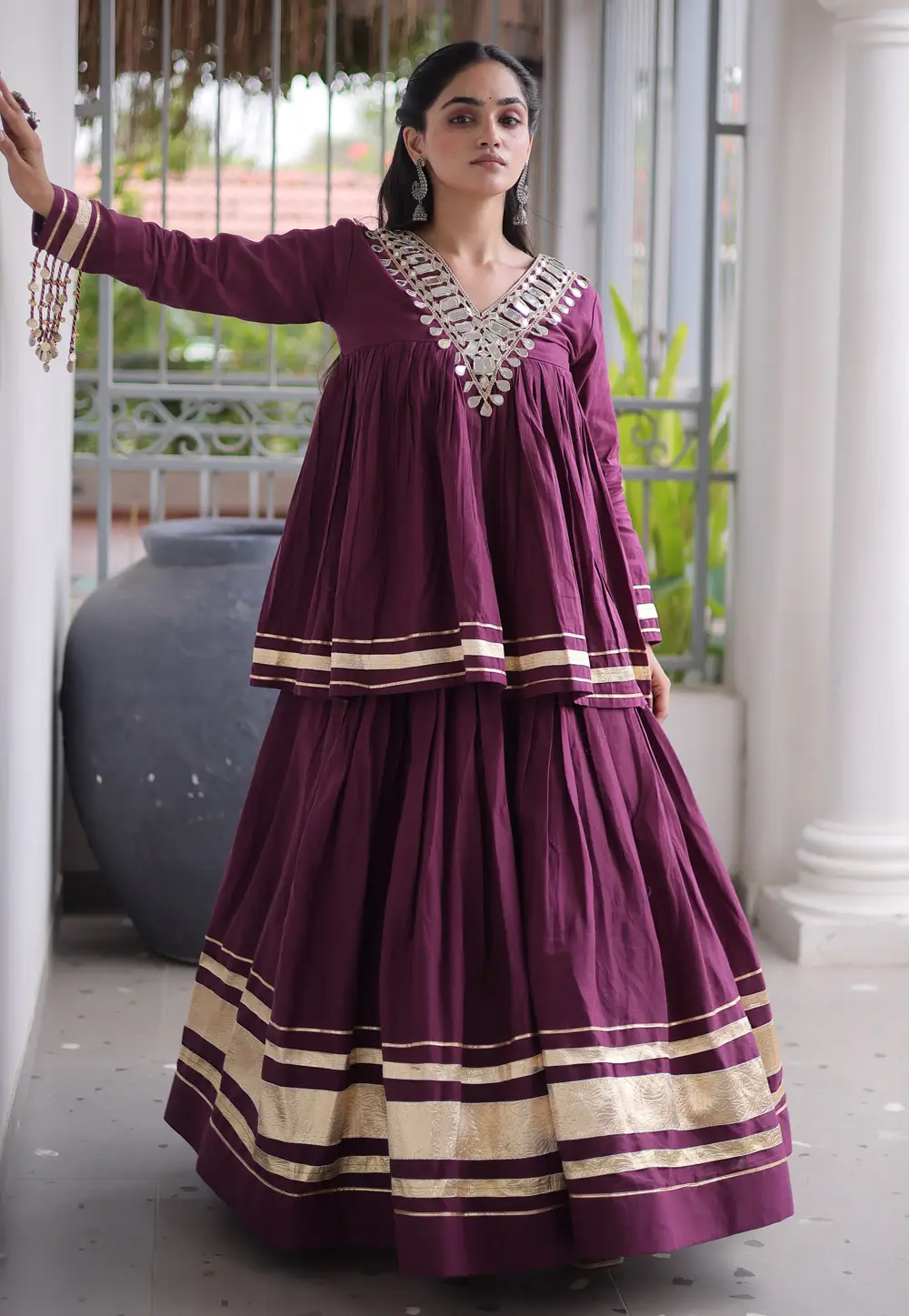 Wine Cotton Readymade Indo Western Lehenga Choli 333153