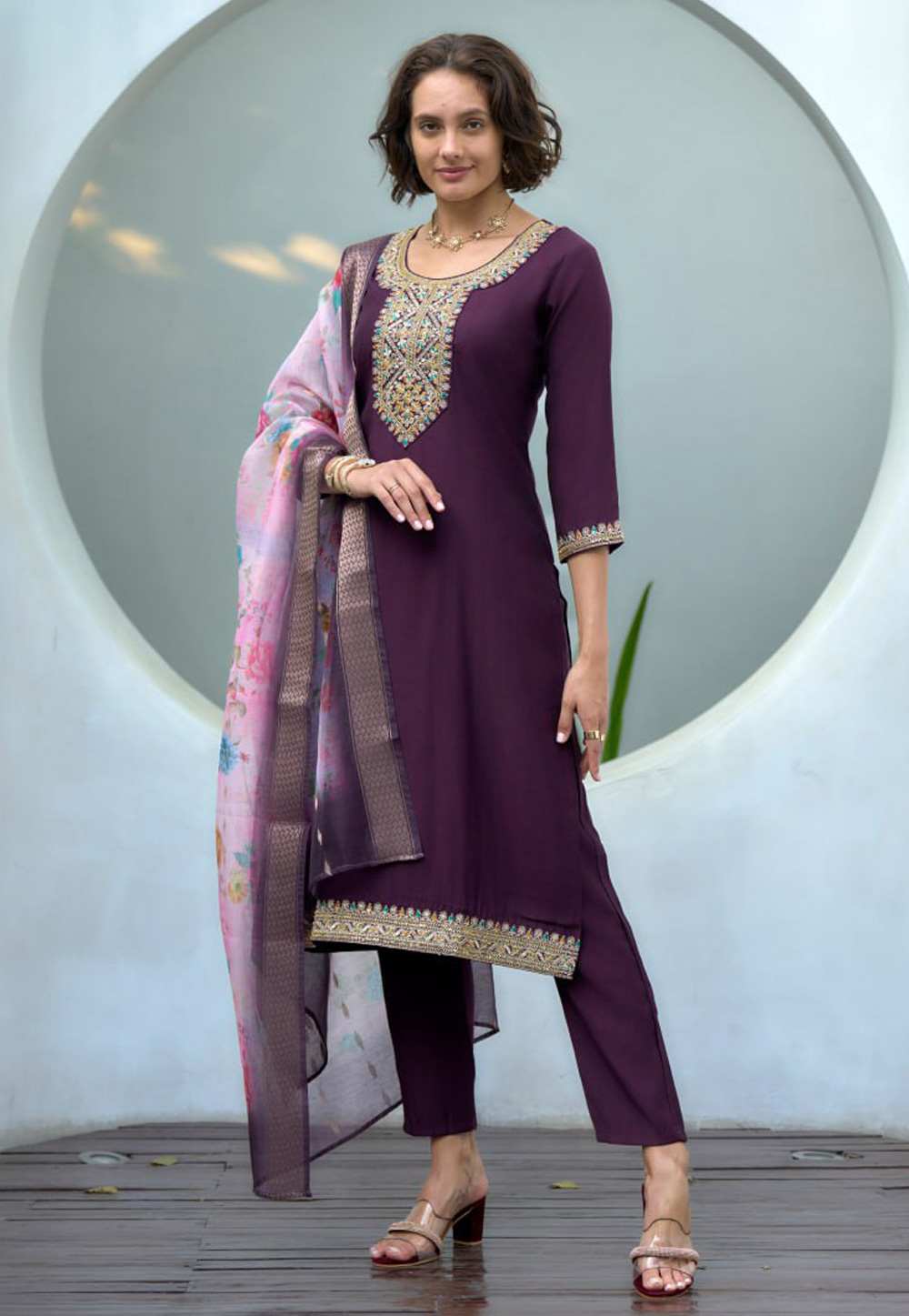 Wine Cotton Readymade Pakistani Suit 312027