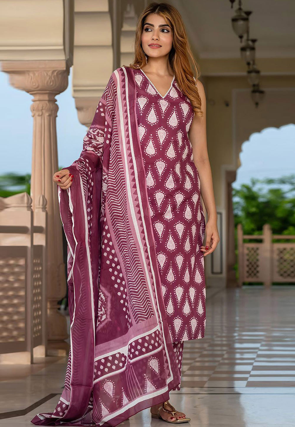 Wine Cotton Readymade Pant Style Suit 319544