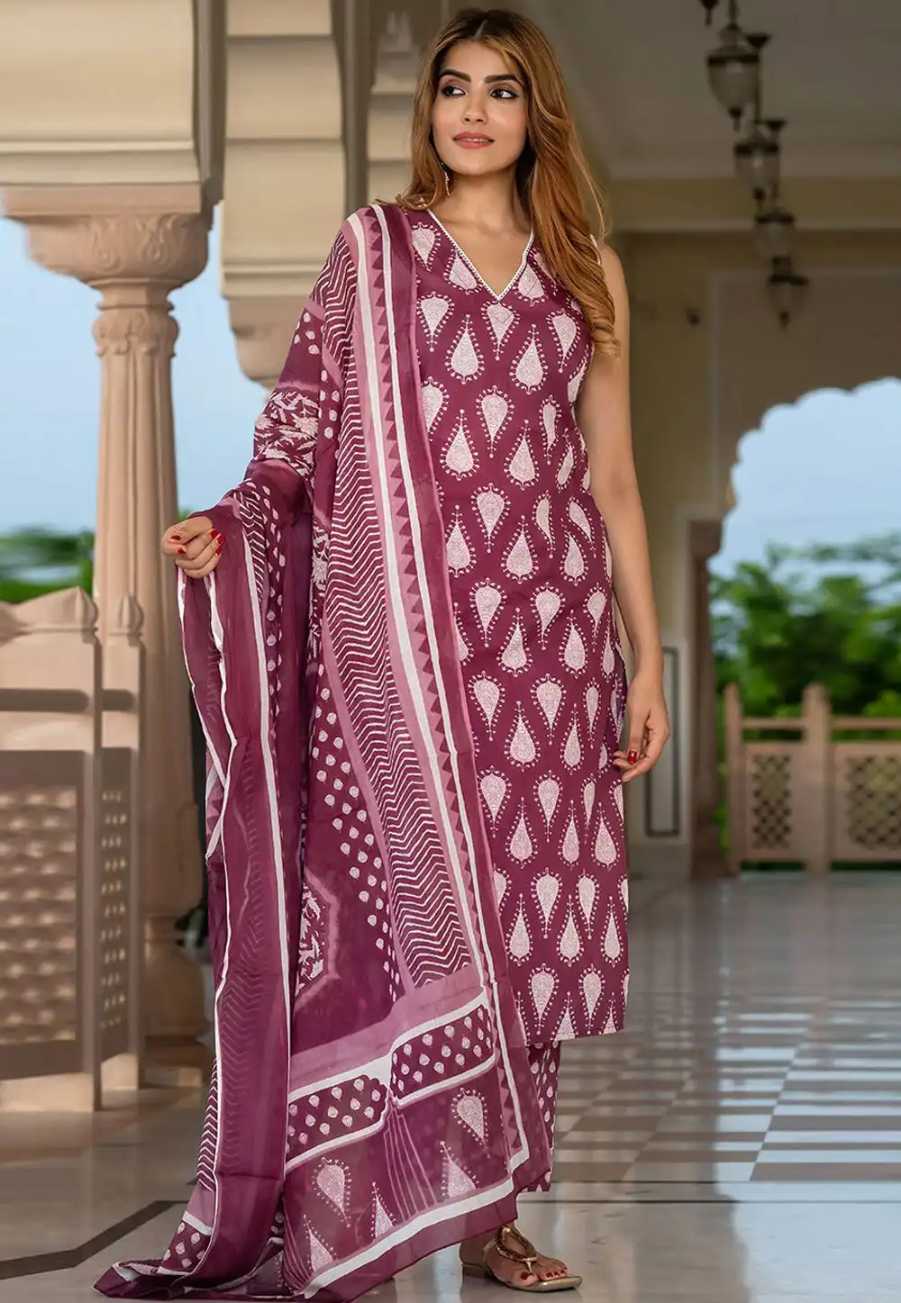 Wine Cotton Readymade Pant Style Suit 319544