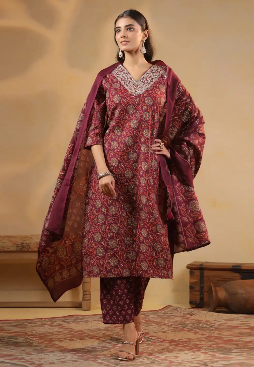 Wine Cotton Readymade Pant Style Suit 323776