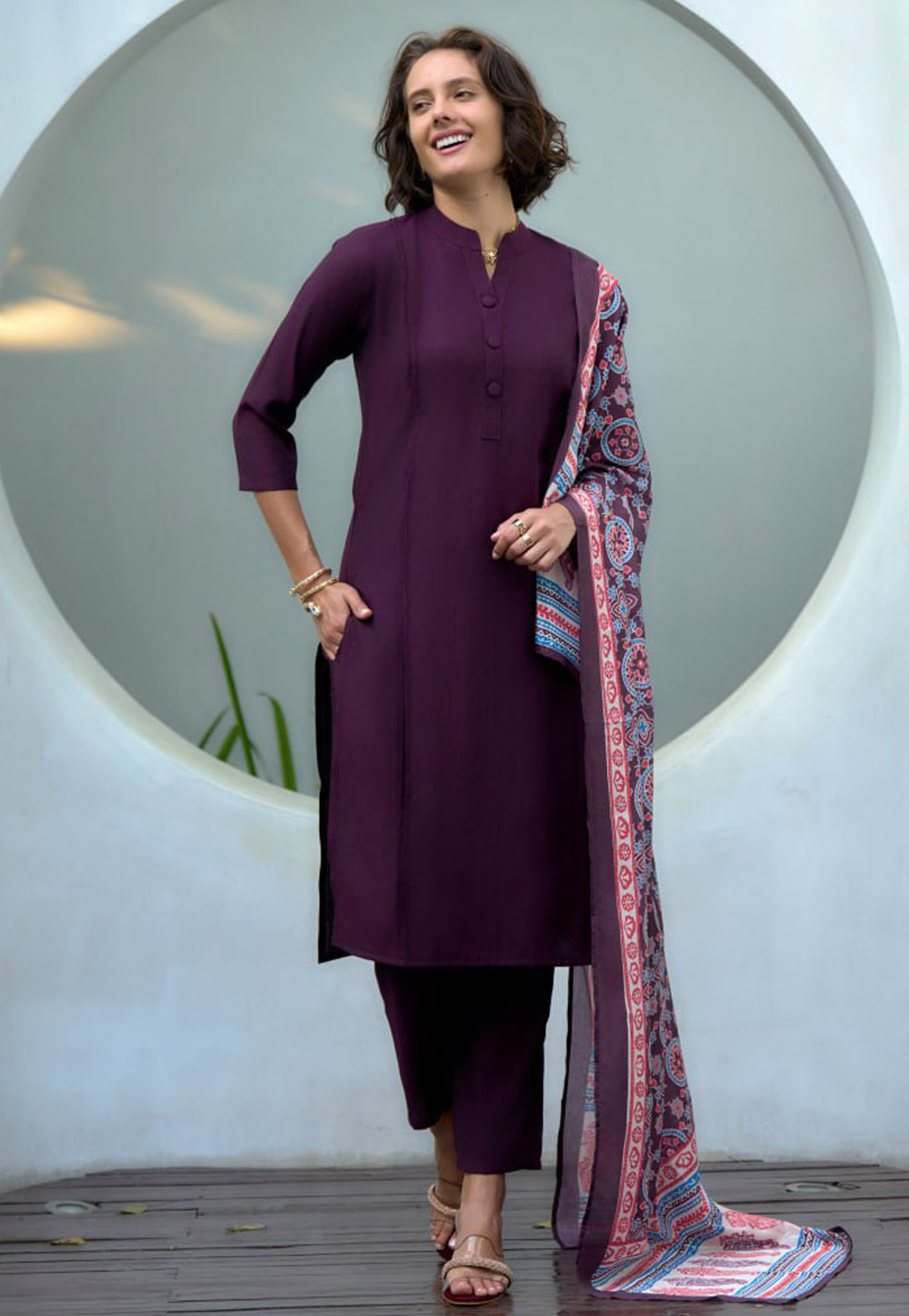 Wine Cotton Readymade Pant Style Suit 312014