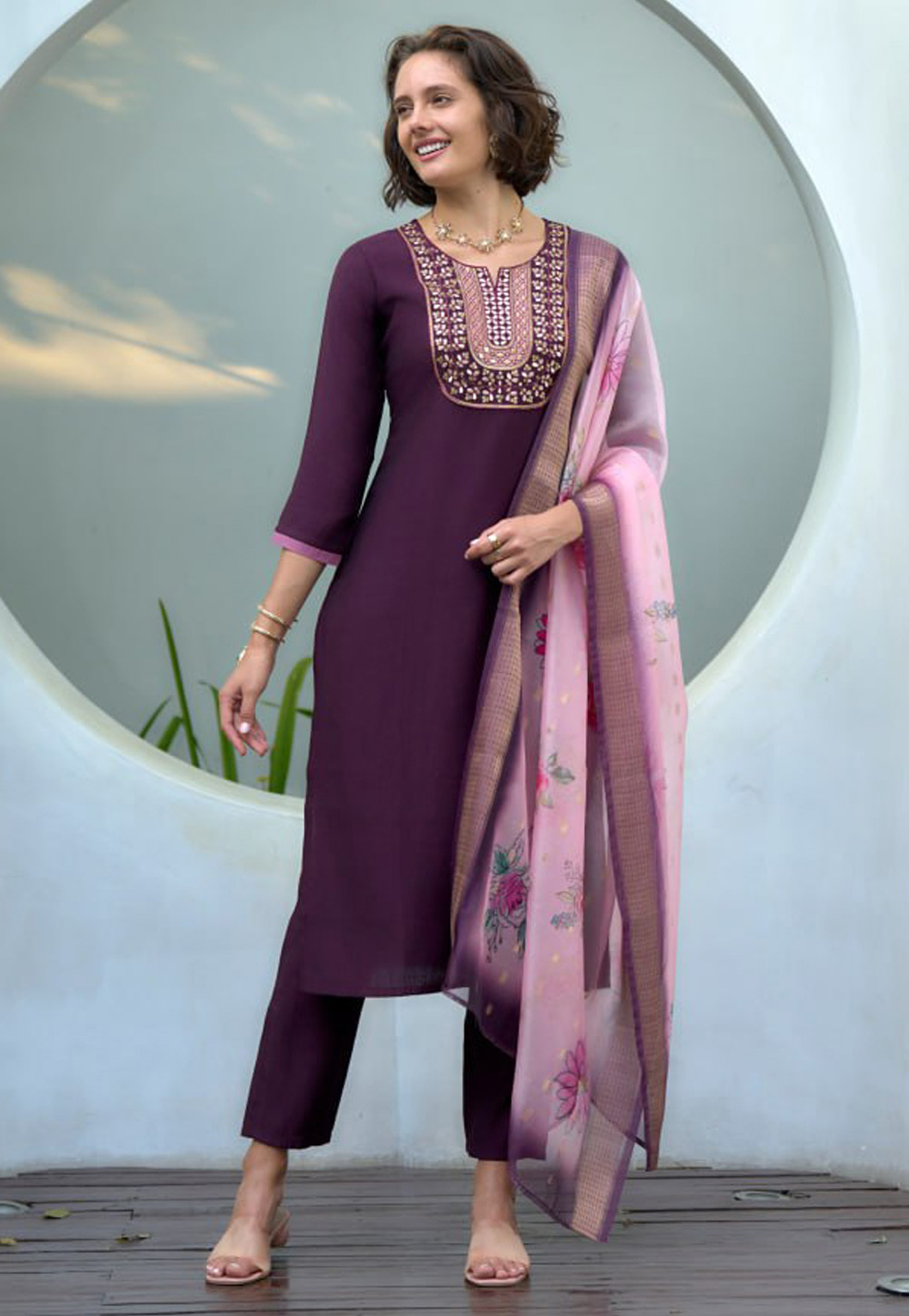 Wine Cotton Readymade Pant Style Suit 312018