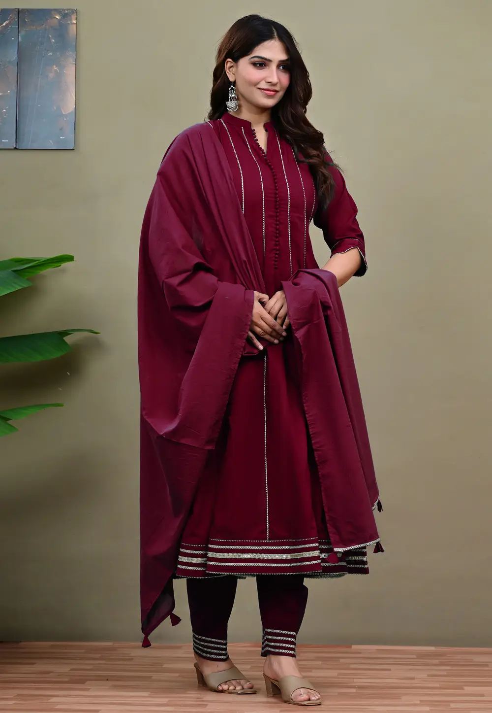 Wine Cotton Readymade Pant Style Suit 335814