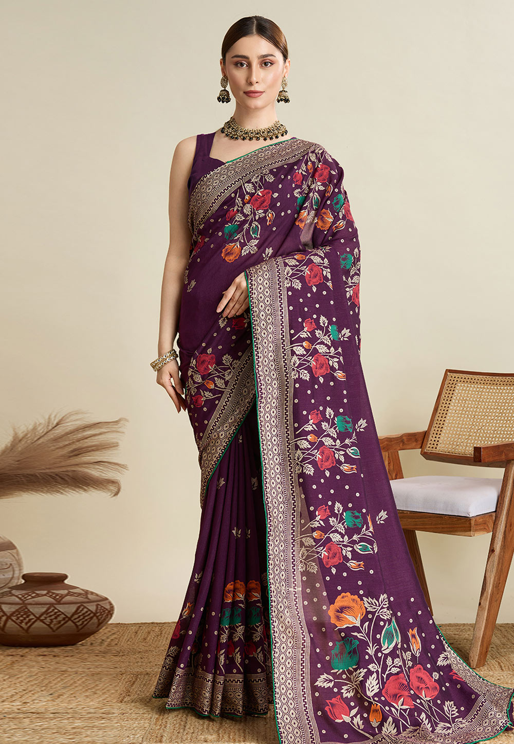 Wine Cotton Saree With Blouse 311595