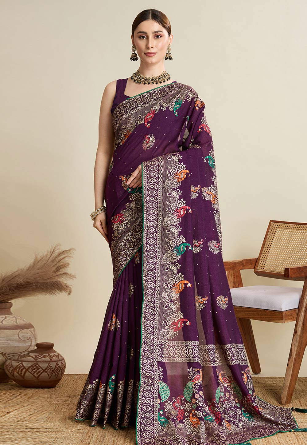 Wine Cotton Saree With Blouse 311797