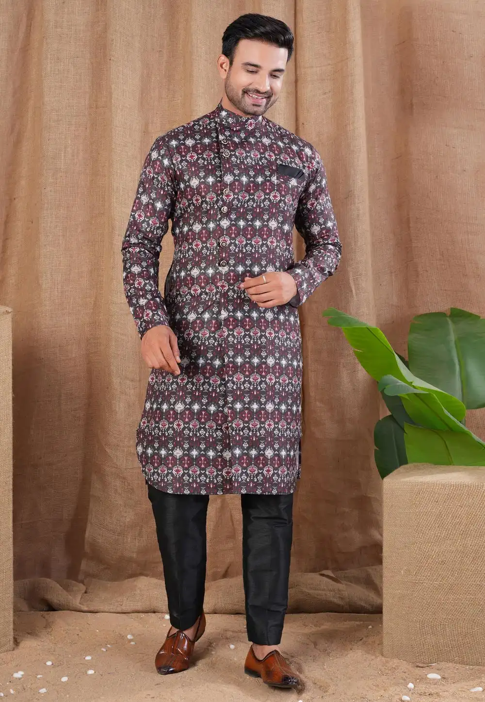 Wine Cotton Silk Indo Western Suit 316481