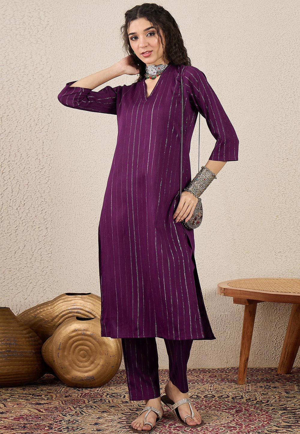 Wine Cotton Silk Kurta Set With Pent 325223