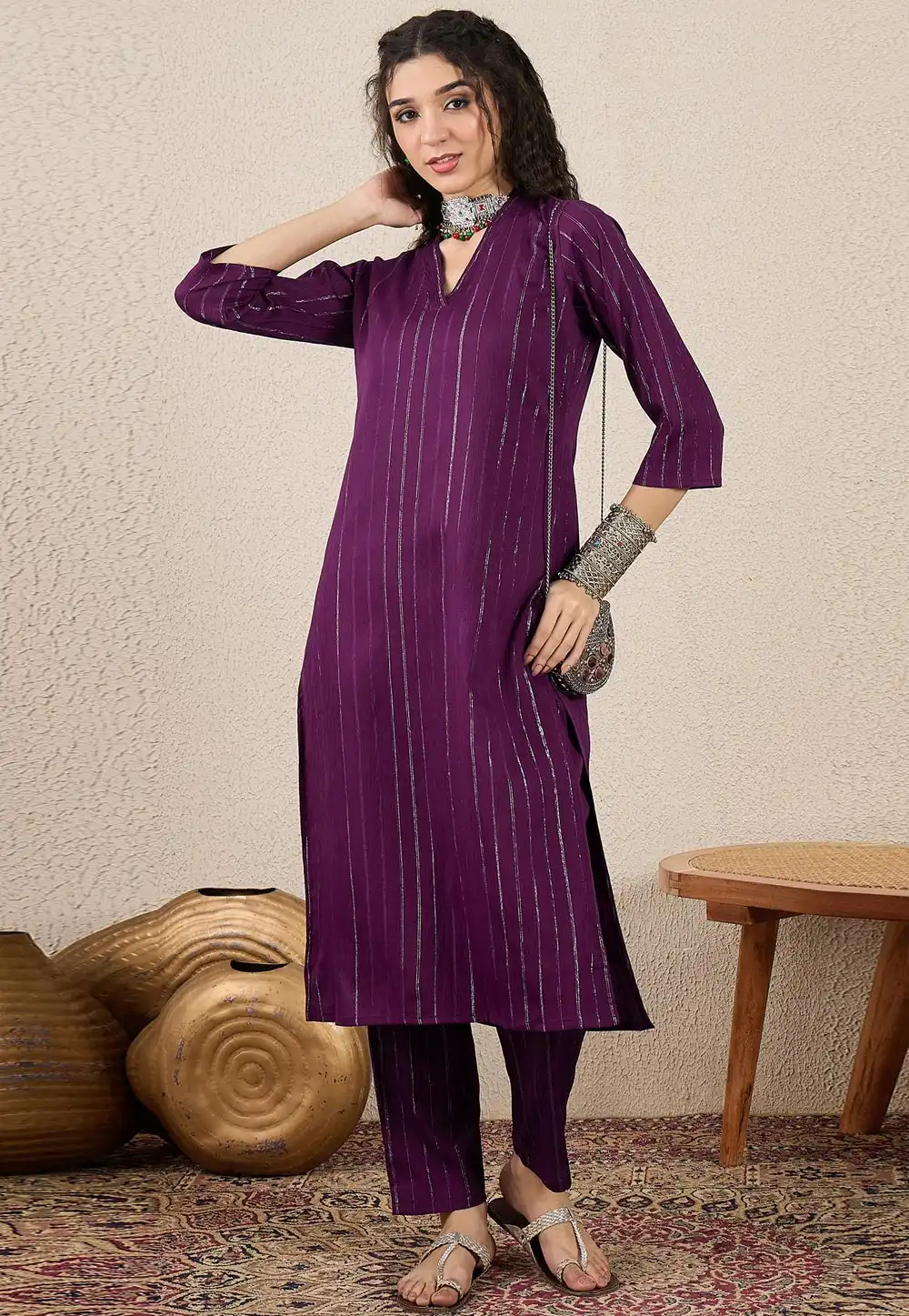 Wine Cotton Silk Kurta Set With Pant 325223