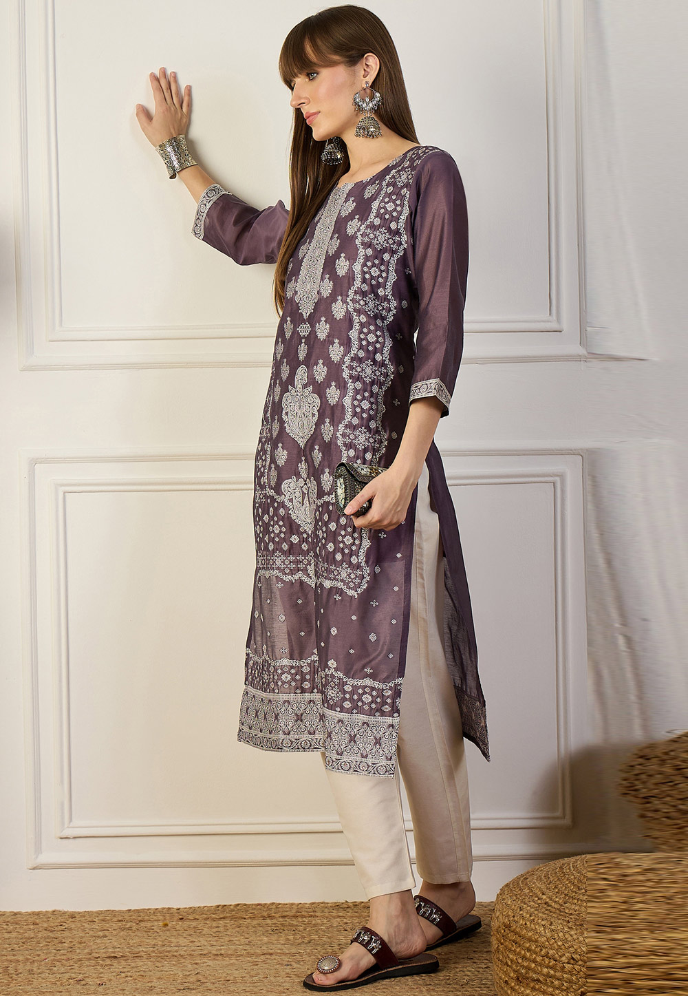 Wine Cotton Silk Long Tunic 325874
