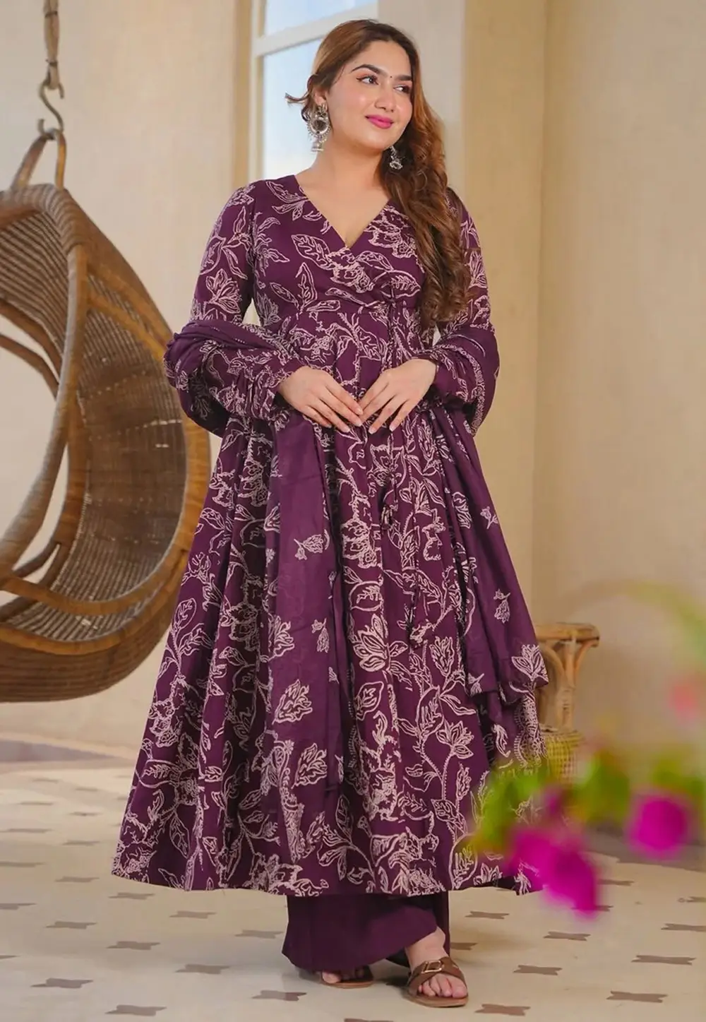 Wine Cotton Silk Readymade Anarkali Suit 331291