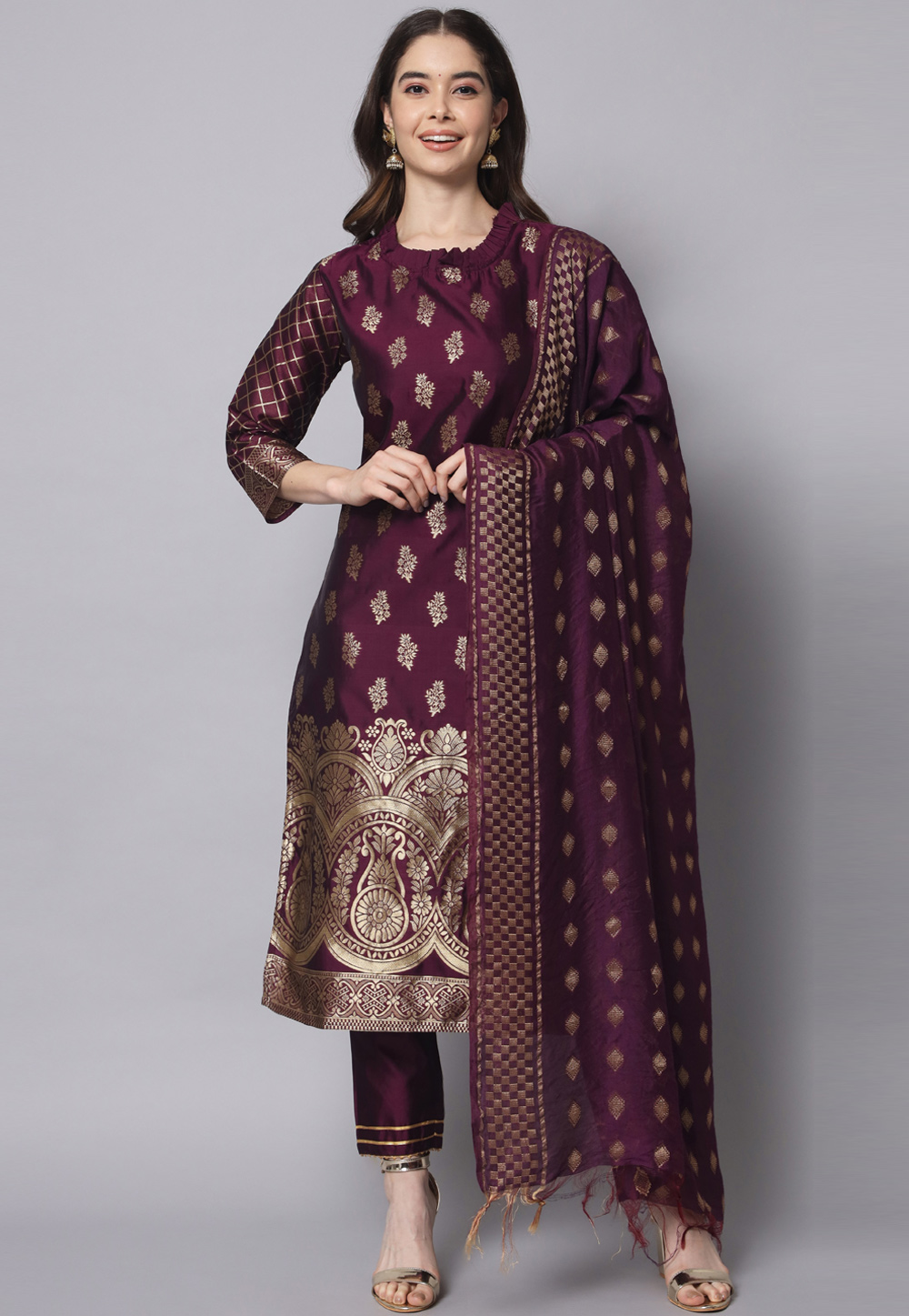 Wine Cotton Silk Readymade Pakistani Suit 312202