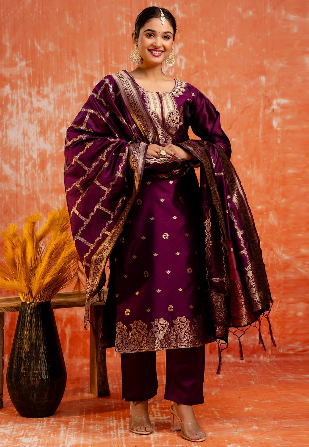 Wine Cotton Silk Readymade Pant Style Suit 308832