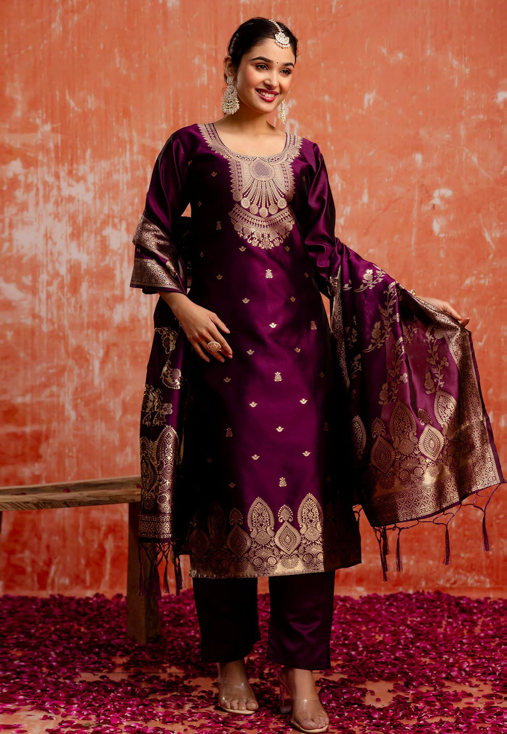 Wine Cotton Silk Readymade Pant Style Suit 308834