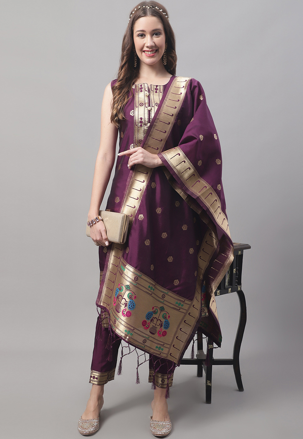 Wine Cotton Silk Readymade Pant Style Suit 312228